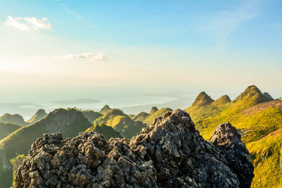 Scenic view of mountains against sky during sunset