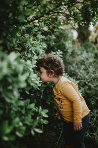 Rear view of boy looking at plants