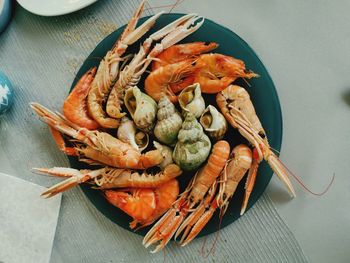 High angle view of seafood on table