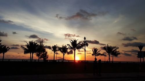 Silhouette palm trees on beach against sky during sunset