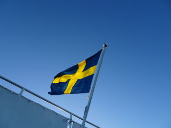 Low angle view of flag against clear blue sky