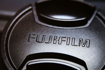 Close-up of text on camera