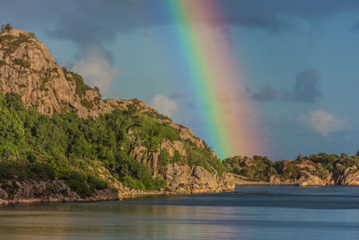 Scenic view of rainbow over sea against sky