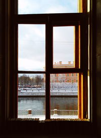 Buildings seen through window