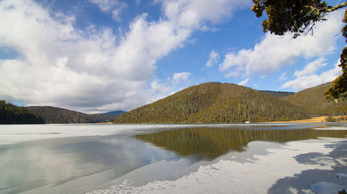 Panoramic view of lake and mountains against sky