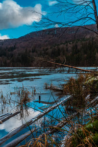 Scenic view of lake against sky during winter