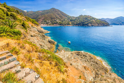 High angle view of sea and mountains against sky