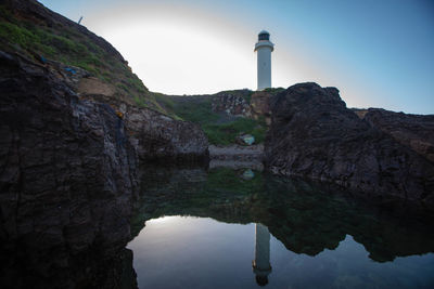 Reflection of lighthouse on mountain against sky
