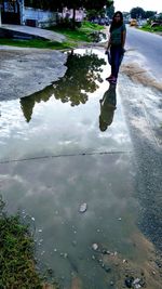 Reflection of woman in puddle