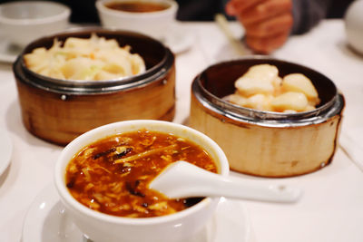 High angle view of food in bowl on table