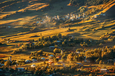 High angle view of city buildings