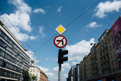 Low angle view of road sign by buildings against sky