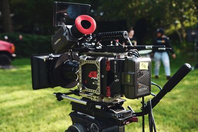 Close-up of camera on field