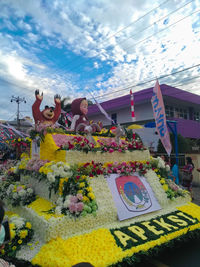 People on yellow flowering plants against sky