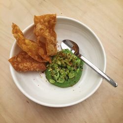 High angle view of food served on table