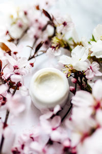 Herbal spa cosmetic cream with pink cherry flowers in a blue glass jar. hygienic skincare lotion 