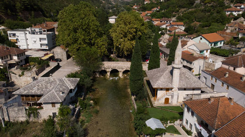 High angle view of buildings in town