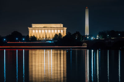 Reflection of building in water at night