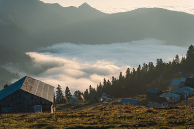 Scenic view of mountains against sky during sunset