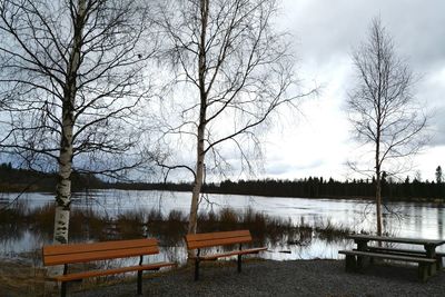 Empty bench on lakeshore