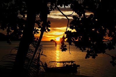 Silhouette trees by sea against orange sky