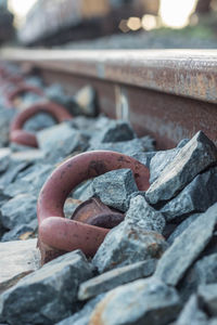 Close-up of stones on railroad track