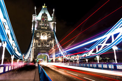 Light trails on bridge road at night