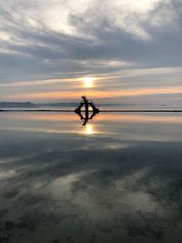 Silhouette man standing in sea against sky during sunset