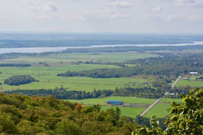 High angle view of agricultural field against sky