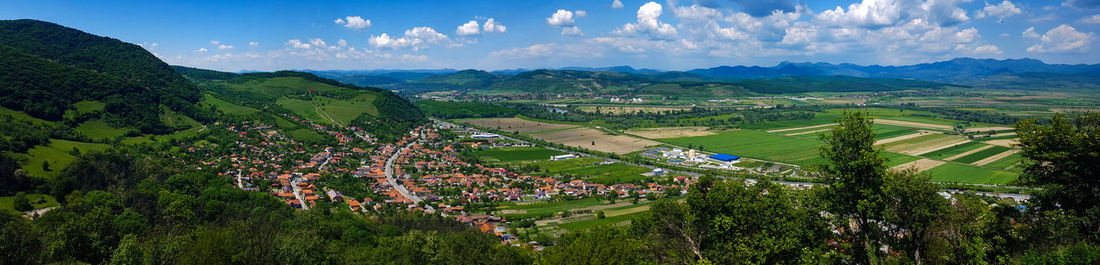 High angle view of agricultural field against sky