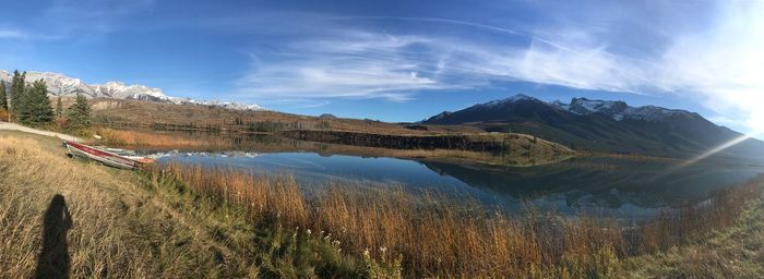 Panoramic view of lake and mountains against sky