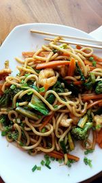 Close-up of noodles in plate on table