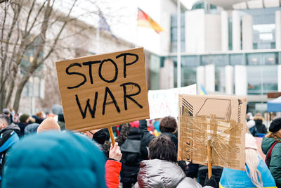 Stop war signs at a demonstration against the invasion of ukraine
