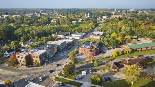 High angle view of buildings in city