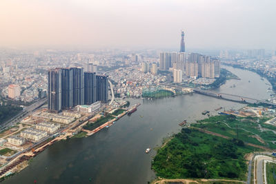 High angle view of river and cityscape