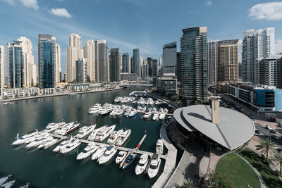 Aerial view of modern buildings against sky in city