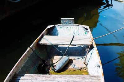 High angle view of boat sailing in lake