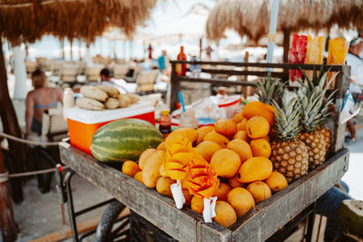 High angle view of fruits for sale at market stall