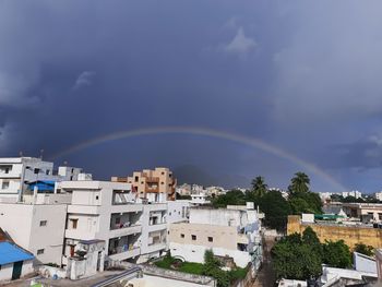 High angle view of rainbow over buildings in city