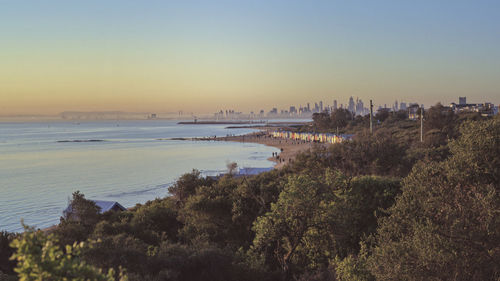 Scenic view of sea against clear sky at sunset