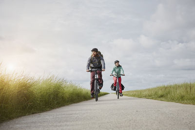 Germany, schleswig-holstein, eiderstedt, couple riding bicycle on path through salt marsh