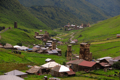 High angle view of townscape against mountain