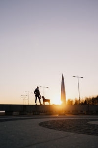 Silhouette woman with dog against sky