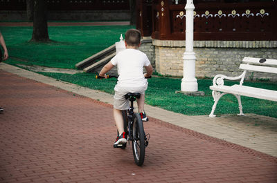 Rear view of boy riding bicycle