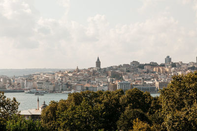 View of cityscape against cloudy sky