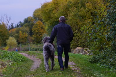 Rear view of man and dog