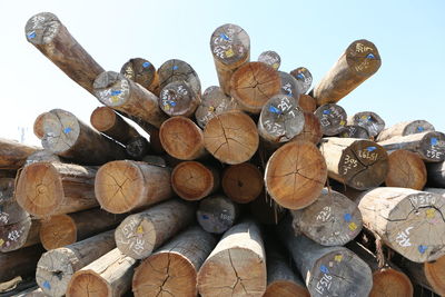 Stack of logs against sky