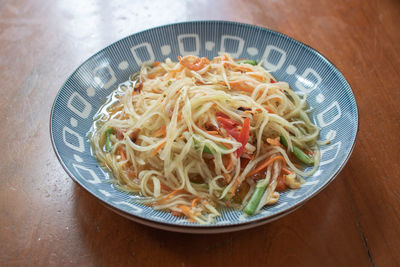 High angle view of noodles served in plate