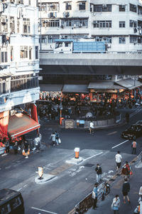 High angle view of people on city street