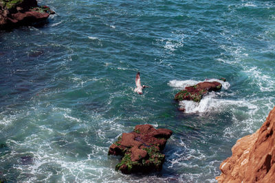 High angle view of rocks in sea